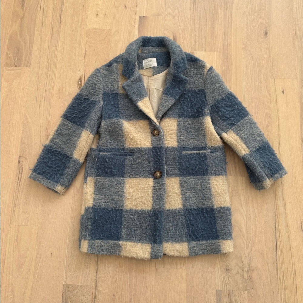 Zara Blue Beige Plaid Wool Blend Coat Size 10